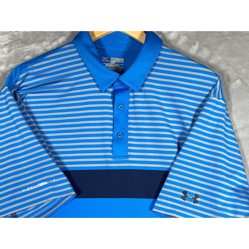 Under Armour Men's Golf Polo Shirt Blue Gray Stripe Heatgear Loose 2XL